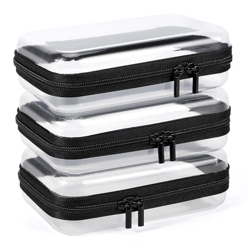YOPCDJ 3 Pack Clear Hard Shell Zipper Case, Clear Zipper Pouches Waterproof Makeup Organizer & Travel Toiletry Bag, Plastic Pouch for Travel Office Storage, Home, Black Small Size