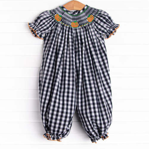 Fall Pickins Smocked Long Romper, Navy – Stitchy Fish