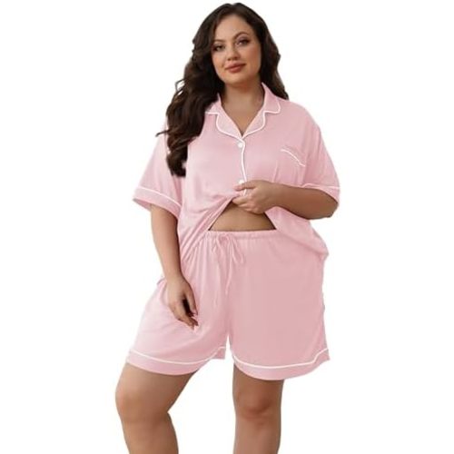 Women Plus Size Pajamas Button Down Short Sleeve Top & Shorts Lounge Sets Outfit Summer Soft Pj Bride Sleepwear