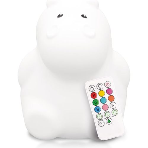 LumiPets Honey the Hippo Silicone Night Light for Kids | Squishy Lamp with Tap & Remote Control | Rechargeable, 9 Color Changing Animal Night Light for Boys & Girls | Portable Nightlight With USB Cord