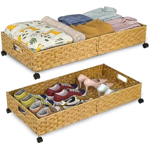Under Bed Storage Containers with Wheels, 31.5” Large Handwoven Rattan Rolling UnderBed Storage Bins, Tool-free Assembly Natural Under The Bed Organizer Drawers for Bedroom, Sheets Clothes Blankets