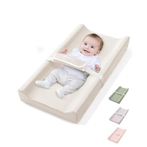 COMOMY Baby Changing Pad with Wipeable & Waterproof PU Cover | Contoured Diaper Changing Pad for Dresser with Non-Slip Safety Belt, Portable and Lightweight, Large Cushioned Foam, Beige