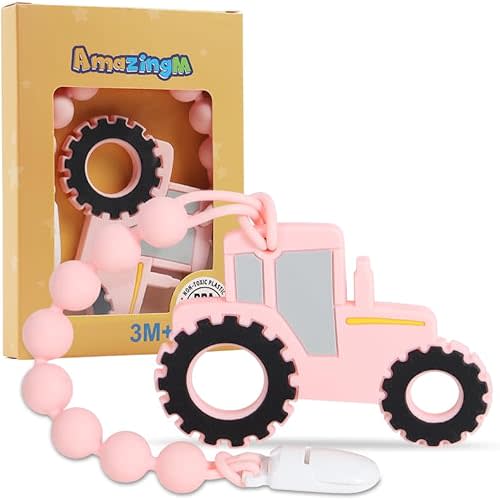 Baby Food Grade Silicone Tractor Truck Teether Toy with One Piece Design Pacifier Clip Holder,Teething Pain Relief Toys Gift Set for 3 Months+ Boys and Girls,Freezer Safe,BPA Free. (Pink)