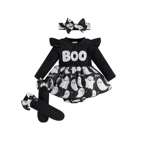 Loicainy Newborn Infant Girl Halloween Romper Dress 3 6 9 12 Month Long Sleeve Ghost Print Romper + Headband + Socks Set Clothes