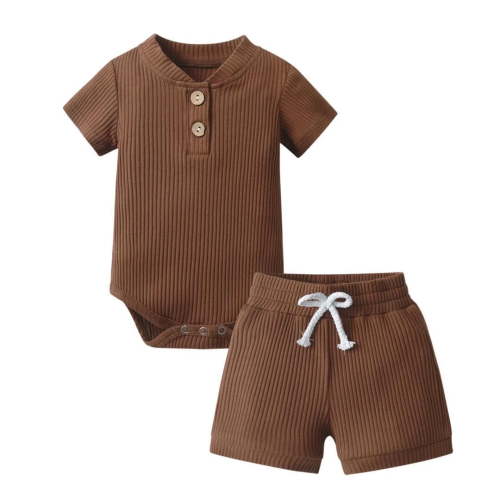 Newborn Baby Boy Clothes Ribbed Knitted Cotton Short Sleeve Romper +Pants Solid Color Summer Outfits Brown 0-3 Months