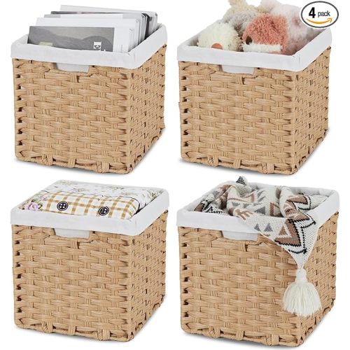 Bidtakay Wicker Storage Baskets with Liners 11x11 Storage Cube Bins with Handles Imitation Water Hyacinth 4-Pack Waterproof Woven Storage Baskets for Organizing Rattan Baskets Organizer-Natural