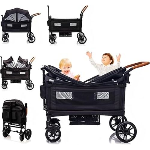 Stroller Wagon for 2 Kids- Lightweight Travel Folding Push Pull Baby Wagon for Newborn&Toddler with 5-Point Harness,Adjustable Canopy,Tray Table,Cup Holder,Storage Pocketsets
