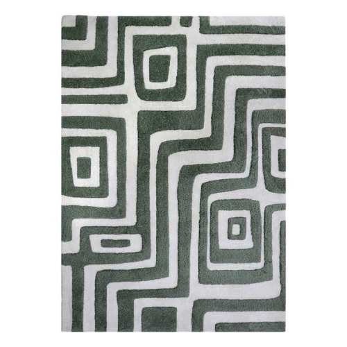 (B934) Green & Ivory Geo High-Low Area Rug, 5x7
