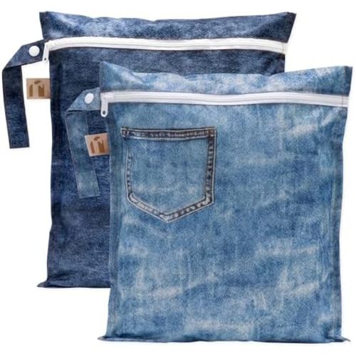 Bumkins Roamio - Waterproof Wet Bag - For Baby, Travel, Swim Suit, Cloth Diapers, Pump Parts, Pool, Gym, Toiletry, Strap to Stroller - Reusable & Easy to Clean - 2pk - Faux Pocket Patch Denim