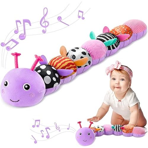 Baby Toys 0-6-12 Months,Musical Caterpillar Stuffed Animals Activity Infant Toys with Crinkle,Rattles,Muti-Teething Sensory Toy,Boy Girl Gifts for Newborn Tummy Time,Purple