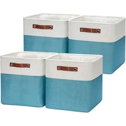HNZIGE Cube Storage Basket(4 Pack) Collapsible Baskets for Shelves,Dog Toys,Book,12x12 Fabric Storage Cube Bins Set for Room,Office,Closet(White&Teal)