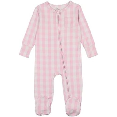 Baby Zip-Up Footed Sleeper, Pink and White Gingham Check Pattern, Long Sleeve, Made of Viscose from Bamboo