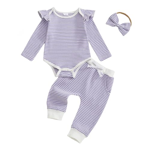 Newborn Baby Girl Clothes Striped Long Sleeve Romper with Pants and Headband Infant 3Pcs Fall Outfits