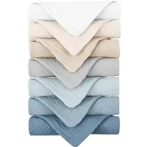 Konssy Baby Muslin Washcloths 7-Pack, 100% Cotton Baby Bath Washcloths, Soft & Absorbent Wash Cloths and Burp Cloths for Newborn Kids Girls & Boys, 11x11 inches