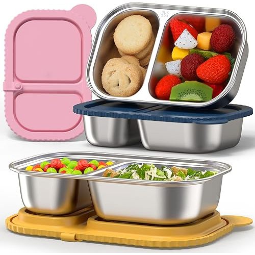 3 Pack Stainless Steel Snack Containers with Silicone Lids, Meal Prep Containers, Reusable 2 Compartment Food Storage Containers, Stainless Steel Box for Lunch, Office, Travel