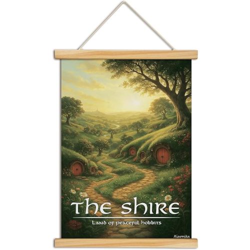 XIAOAIKA Peaceful Village Fantasy Wall Art, Vintage Canvas Poster with Solid Wood Hanger, Hanging Print for Fans of Epic Adventure Realms, Cozy Hobbit-Style Home Decor, 16x23 Inch