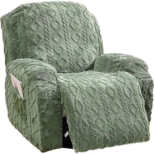 4 Pieces Recliner Chair Covers, Geometric Jacquard Plush Recliner Slipcovers, Couch Sofa Covers, Soft Fuzzy Fluffy Anti-Slip Furniture Protector for Kids Cats Dogs Elastic Bottom (Green,1 Seat)