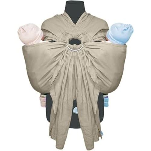 Beige Tandem Ring Sling for Twins – 100% Linen Cotton Blend Baby Carrier | Ergonomic Twin Baby Sling for Hip Carry | Soft, Adjustable & Breathable Ring Sling for Newborns to Toddlers up to 60 lbs