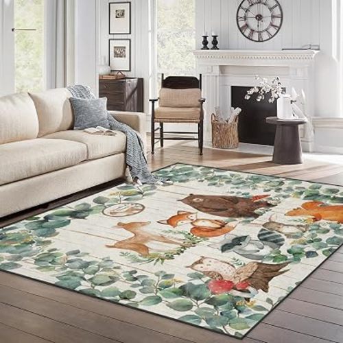 5x7 Area Rugs, Washable, Non Slip Backing, Woodland Watercolor