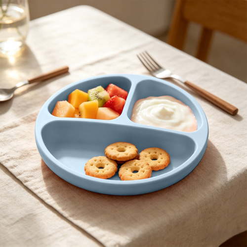 Cevemin 3 Compartment Silicone Suction Plate Anti-Slip Divided Toddler Plate Microwave Dishwasher Safe Food Tray for Baby Self Feeding