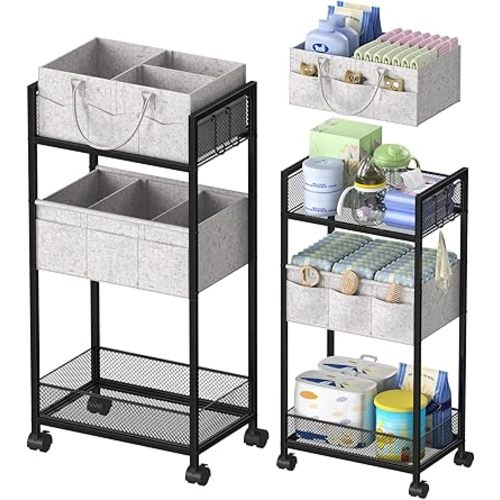2In1 Baby Diaper Caddy Organizer and Storage - 3 Tier Rolling Diaper Cart with Dividers, Easy Assemble, Mobile Metal Diaper Organizer, Detachable Diaper Caddy Cart for Nursery, Large Capacity