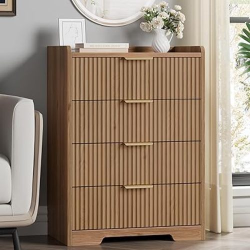 Furnulem 4-Drawer Dresser for Bedroom - Fluted Wood Chest of Drawers Closet Storage Cabinet Organizer for Bedroom, Living Room, Hallway & Office