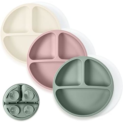 WeeSprout Suction Plates with Lids for Babies & Toddlers - 100% Silicone, Dinnerware Stays Put, Divided Design for Picky Eaters, Microwave & Dishwasher Friendly, 3 Pack