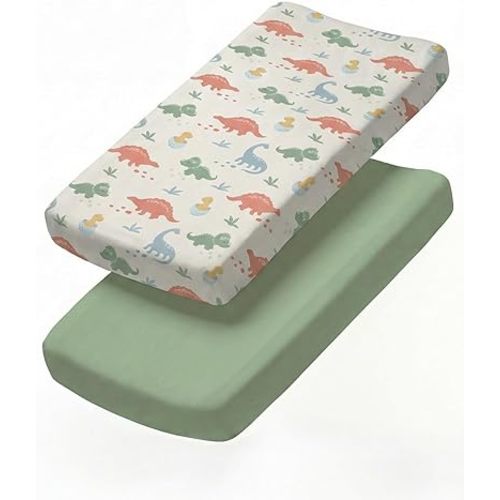 Changing Pad Cover - Pack of 2 Soft Unisex Diaper Change Microfiber Table Sheets - Fits 32"x16" Contoured Pad - Changing Pad Cover for Baby Boys & Girls - Snug, Machine Washable - Oeko-Tex, Dino Land