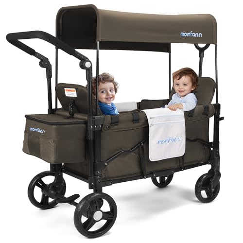 MOMFANN Stroller Wagon for 2 Kids, Baby Wagon Stroller with Adjustable Handle for Infants and Toddlers Includes Canopy & Organizer, Foldable and Convenient for Storage, Brown