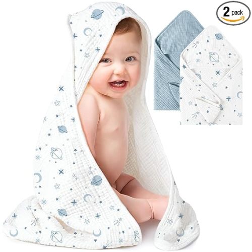 Konssy 2-Pack Muslin Hooded Baby Towels, 100% Cotton, Ultra-Soft & Absorbent Baby Bath Towels with Hood for Newborn & Infant (Blue, Star,32" x 32")