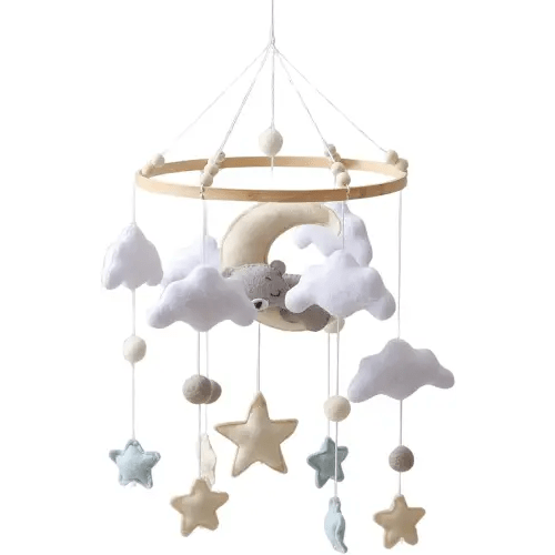 GOODMOM Sleeping Bear Baby Crib Mobile Handmade Soothing Bedtime Baby Mobile for Crib Felt Night Mood Nursery Decor for Baby Boy&Girl Easy Assembly & Durable Newborn Gift (Moon Bear)