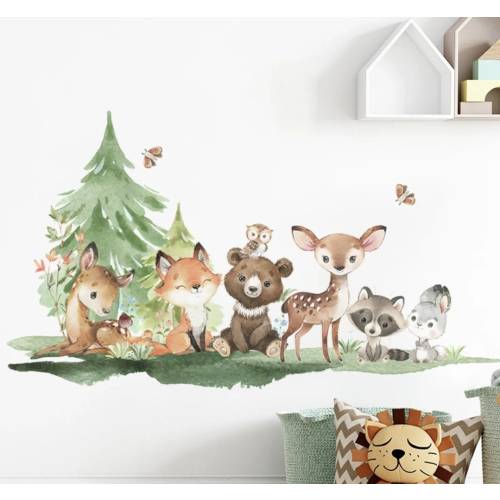 Watercolor Woodland Animal Wall Decals, Decorative Jungle Stickers, Fox, Deer, Bear, Rabbit, Easy Removal Mural, Boho Forest Baby Nursery