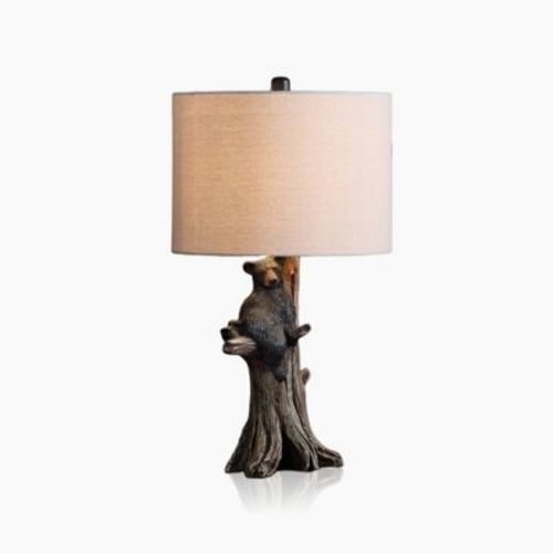 Fortune Candy 24.75" Rustic Black Bear Table Lamp, Polyresin Tree Trunk Base with Fabric Drum Shade for Home Decor
