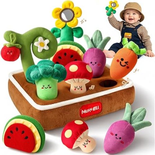 MORECOLL Fruit & Veggie Baby Sensory Plush Set, Baby Toys 6-12 Months, Garden Plush Toys with Rattle, Crinkle, Squeak, Mirror, Pull, Match & Plant Play, Montessori Baby Gift for Boys Girl Infant