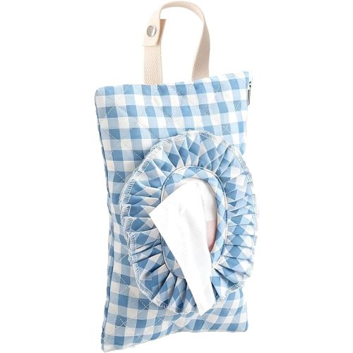 Quilted Baby Wipe Holder Ruffle Gingham Diaper and Wipes Pouch Portable Hanging Wet Wipes Bag Reusable Fabric Wipe Cover for Stroller, Travel (Blue Gingham)