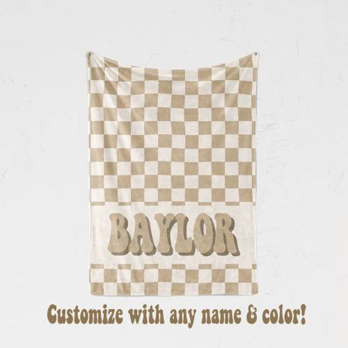 Checkered Neutral Baby Name Blanket Nursery Receiving Fleece Blanket Retro Checkered Wave