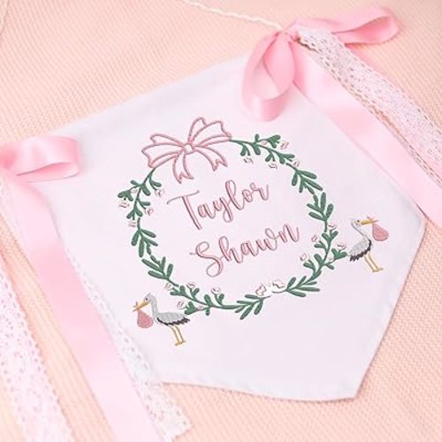 Custom Baby Stork Banner with Embroidered Name, Welcome Banner, Hospital Door Sign, Baby Shower with Bows, Baby Crib Hanging Pennant Flag, Baby Room Front Door Sign, Nursery Wall Décor