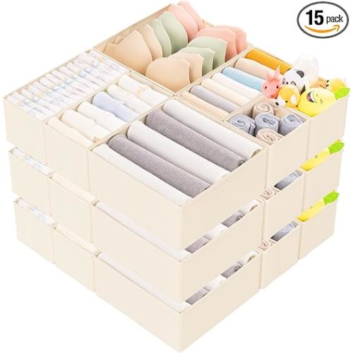 15 Pack Drawer Organizer for Clothes, Foldable Dresser Dividers with 3 Sizes, Fabric Storage Bins – Beige