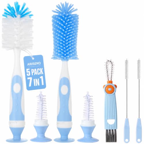 Ariseno 7-in-1 Baby Bottle Brush Set, Nylon & Silicone Bottle Brush - Blue | Cleaning Kit With Cap, Straw and Nipple Brushes for Baby Bottles, Breast Pump Parts, Cups and Lids; BPA-free Materials.