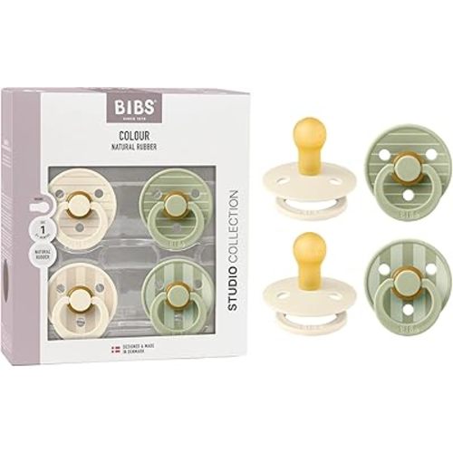 BIBS Studio Pacifier 4-Pack, BPA Free Pacifiers, Round Nipple. Natural Rubber Latex, Made in Denmark, Size 1 (0-6 Months), Ivory/Sage