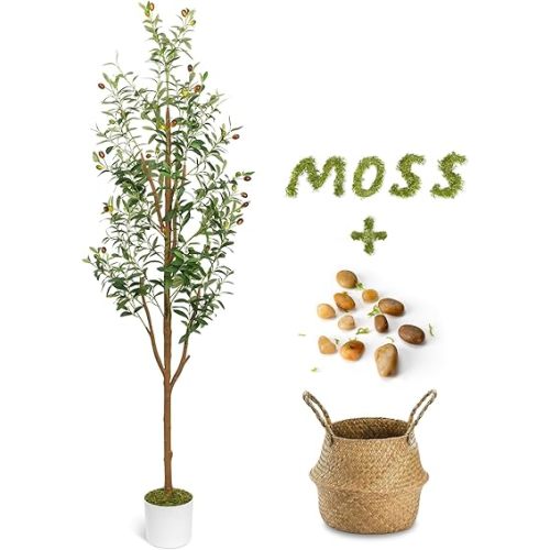 6FT Artificial Olive Tree - Indoor Tall Faux Olive Trees with Planter&Basket, Large Fake Olive Silk Tree Realistic Olive Plants with Branches and Fruits for Home Decor Office Living Room