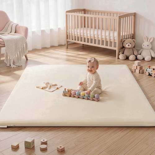Baby Play Mat, Caveen Vegan Leather Baby Floor Mat Playpen Mat, Thicken Soft Crawling Mat for Infant, Wipe-Clean, 50"x 50", Beige