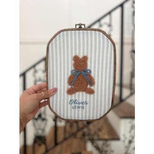 Personalized Teddy Bear Nursery Wall Art – Custom Needle Felt Bear with Baby Name –  Embroidered Keepsake for Newborn Gift, Baby Shower Gift