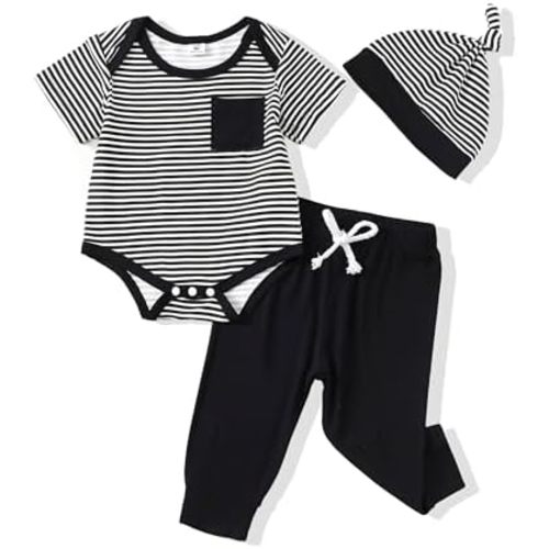 Mikrdoo Newborn Baby Boy Clothes Infant Outfits Stripe Summer Clothing 0 3 6 12 18 Months Cotton Romper Pants Set