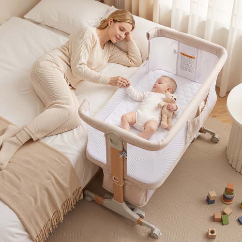 Spanspace Baby Bassinet 5-in-1 Bedside Sleeper with Mosquito Net, 6-Height Adjustable, Foldable Travel Crib, Breathable 3D Wool Mattress, Beige