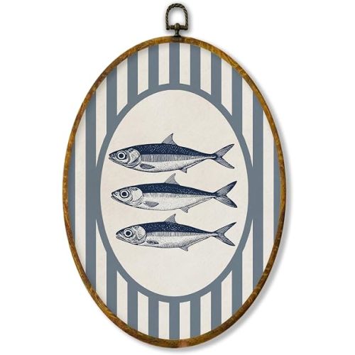 XPH Vintage Coastal Sardine Oval Wall Art Framed, Beach Sardine Fish Oval Wall Decor Accents, Blue Striped Ocean Marine Life Hanging Canvas Prints for Home Bedroom Living Room Decoration, 8.6x11.4 Inch