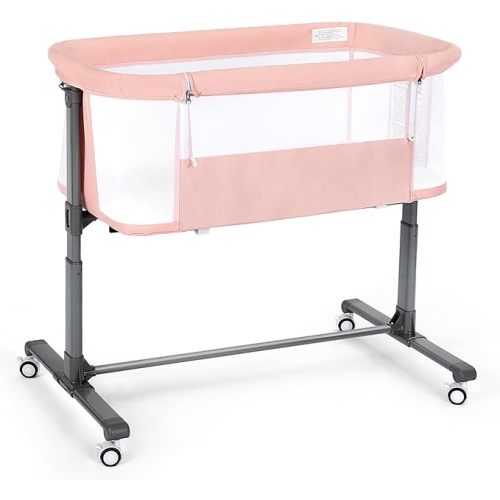 Baby Bassinet Bedside Sleeper, Portable Baby Bassinet for Newborn, Infant Bedside Sleeper w/Lockable Wheels, Adjustable Height, Removable Soft Mattress, Pink