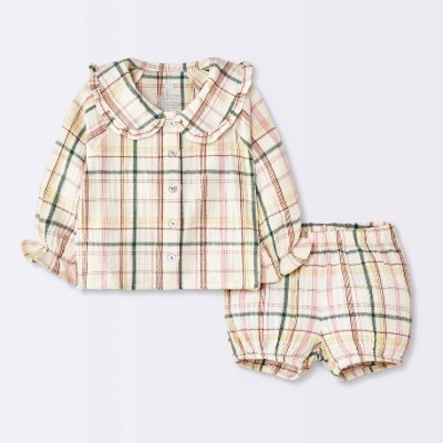 Baby Girls' Collar Plaid Long Sleeve and Shorts Set - Cloud Island™ Pink 0-3M