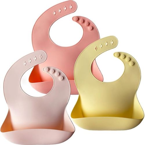 Moonkie Silicone Baby Bibs Set of 3, BPA Free Waterproof Baby Bibs for Eating, Soft Adjustable Silicone Bibs for Babies 6-12 Months, Toddler Bibs with Large Pocket Food Catcher (Ether/Sage/Cream)