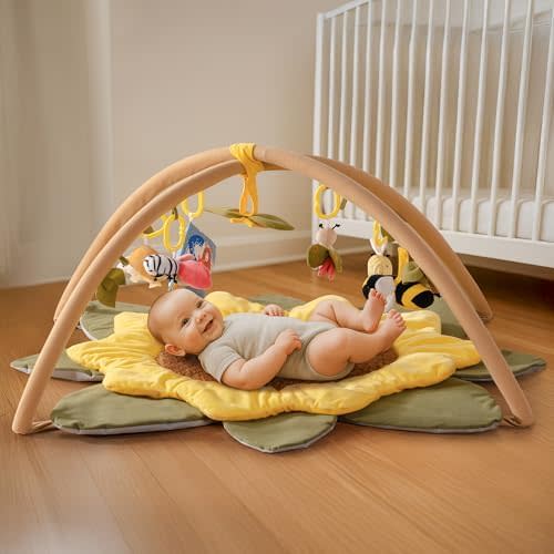 ROBUD Baby Play Mat, Sunflower Shaped Tummy Time Mat with 7 Detachable Toys, Oversize Play Mat for Babies 0-6 Months with Non-Slip Pad, Promote Sensory Development of Newborn Baby Gift, WG420